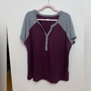 Torrid Gray and Purple Short Sleeve V Neck Button-Up Top